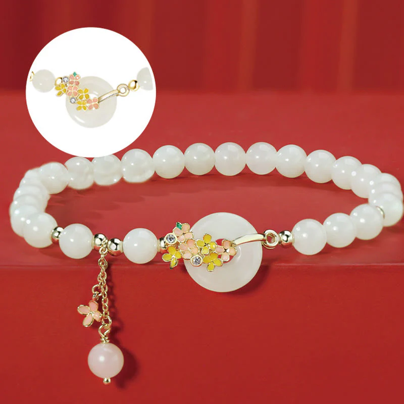 Buddha Stones 925 Sterling Silver Hetian naturale giada osmanto fiori fibbia della pace zircone fortuna braccialetto collana pendente - Image 3