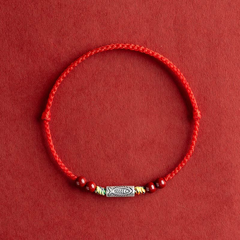 Buddha Stones 925 Sterling Silver Koi Fish Cinnabar Bead Wealth Braccialetto intrecciato artigianale Cavigliera