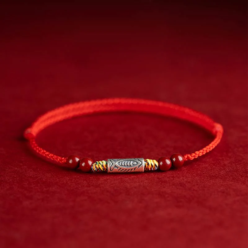 Buddha Stones 925 Sterling Silver Koi Fish Cinnabar Bead Wealth Braccialetto intrecciato artigianale Cavigliera - Image 2