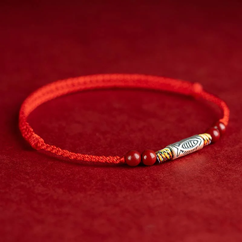 Buddha Stones 925 Sterling Silver Koi Fish Cinnabar Bead Wealth Braccialetto intrecciato artigianale Cavigliera - Image 3