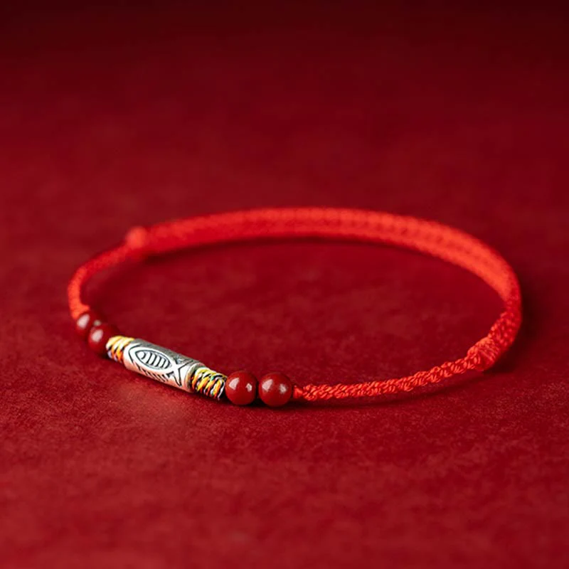 Buddha Stones 925 Sterling Silver Koi Fish Cinnabar Bead Wealth Braccialetto intrecciato artigianale Cavigliera - Image 4