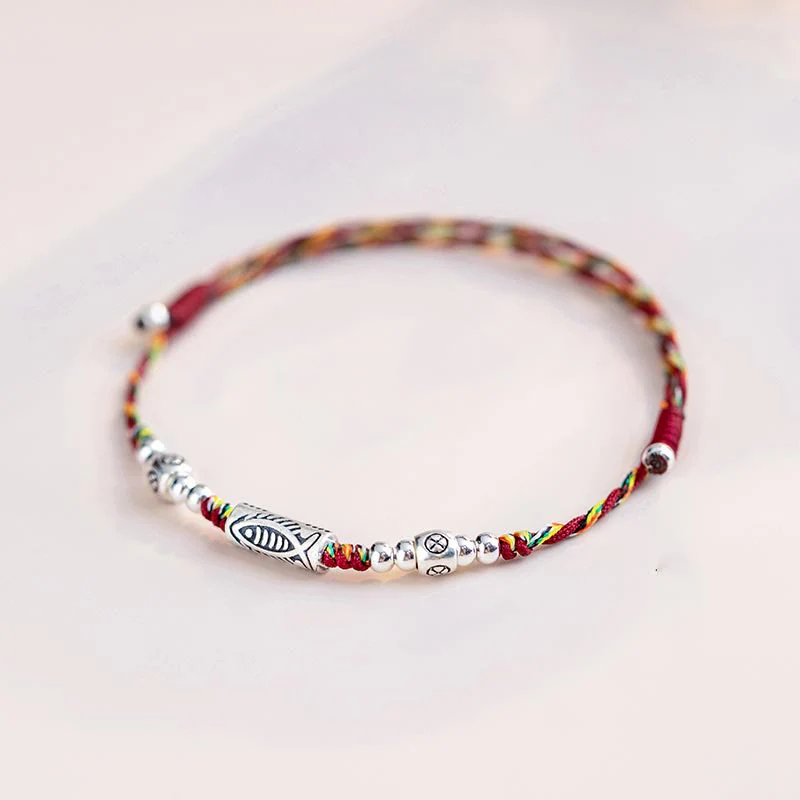 Buddha Stones 925 Sterling Silver Luck Koi Fish Braccialetto alla caviglia intrecciato con corda colorata - Image 3