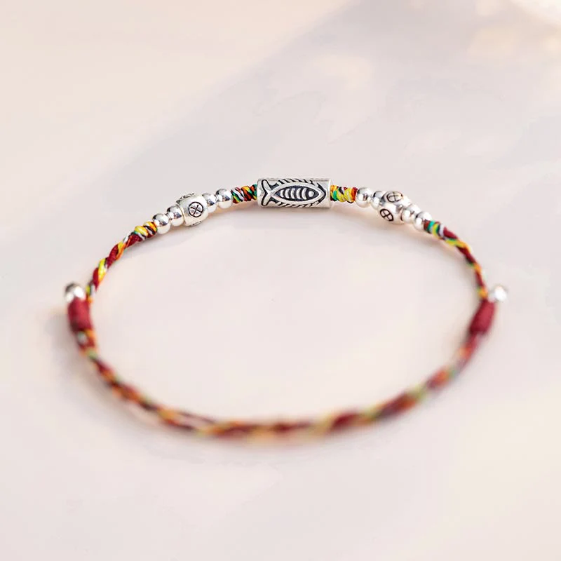 Buddha Stones 925 Sterling Silver Luck Koi Fish Braccialetto alla caviglia intrecciato con corda colorata - Image 4