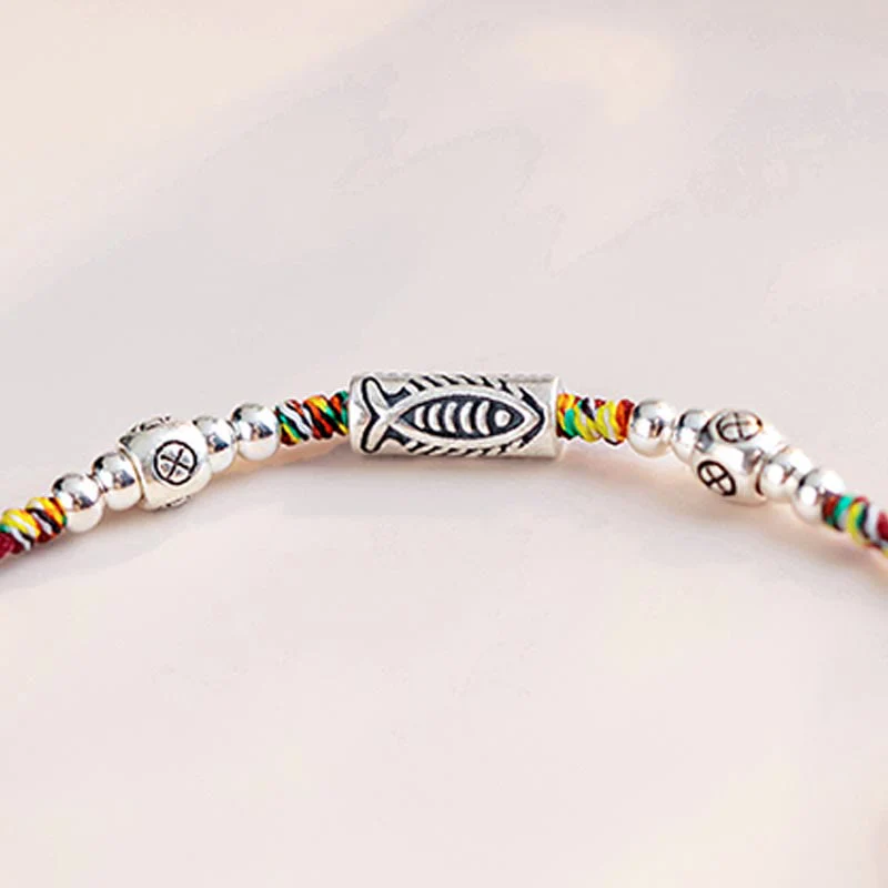 Buddha Stones 925 Sterling Silver Luck Koi Fish Braccialetto alla caviglia intrecciato con corda colorata - Image 5