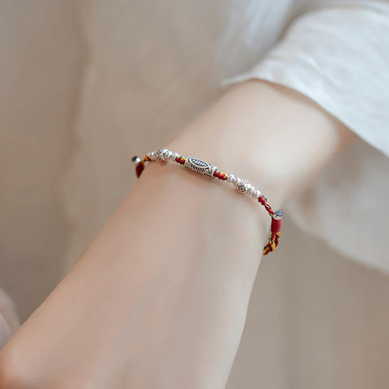 Buddha Stones 925 Sterling Silver Luck Koi Fish Braccialetto alla caviglia intrecciato con corda colorata - Image 7