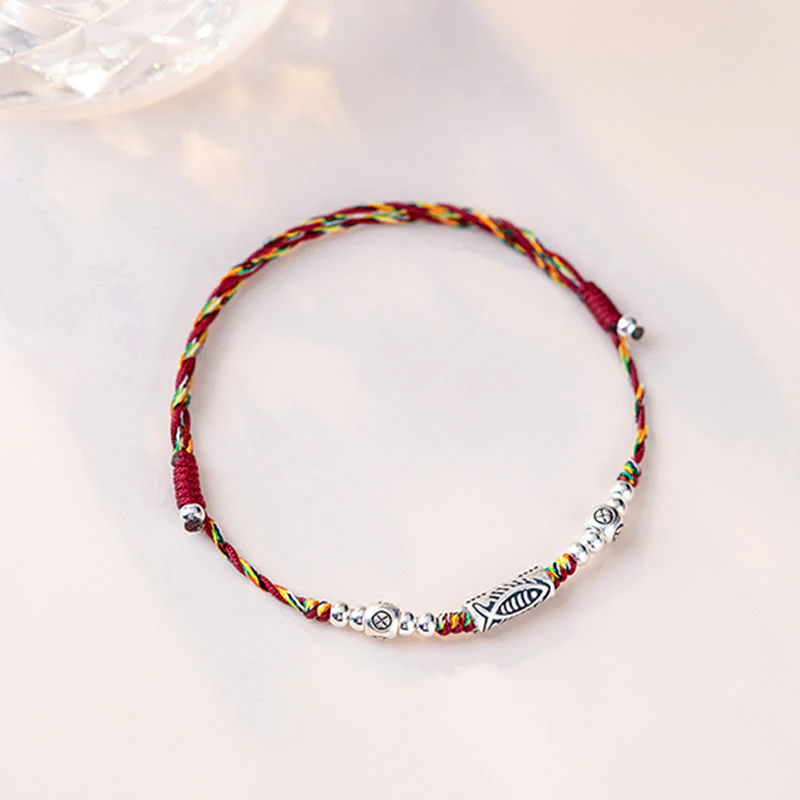 Buddha Stones 925 Sterling Silver Luck Koi Fish Braccialetto alla caviglia intrecciato con corda colorata - Image 9