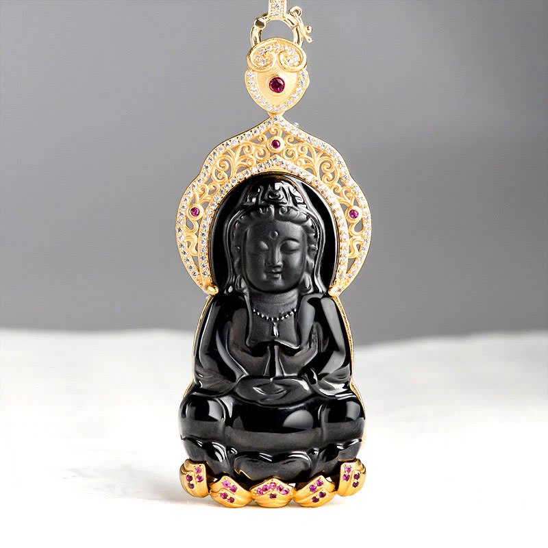 Collana con ciondolo in acciaio al titanio Buddha Stones in giada nera naturale Kwan Yin Avalokitesvara Wealth