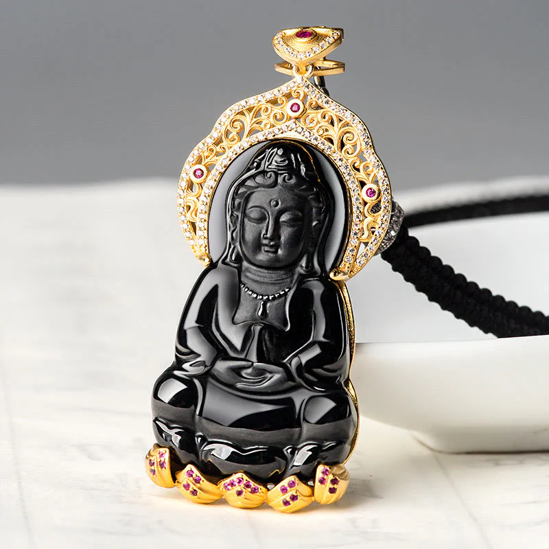 Collana con ciondolo in acciaio al titanio Buddha Stones in giada nera naturale Kwan Yin Avalokitesvara Wealth - Image 2