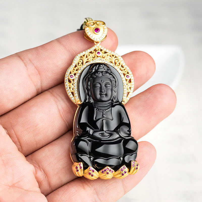 Collana con ciondolo in acciaio al titanio Buddha Stones in giada nera naturale Kwan Yin Avalokitesvara Wealth - Image 3