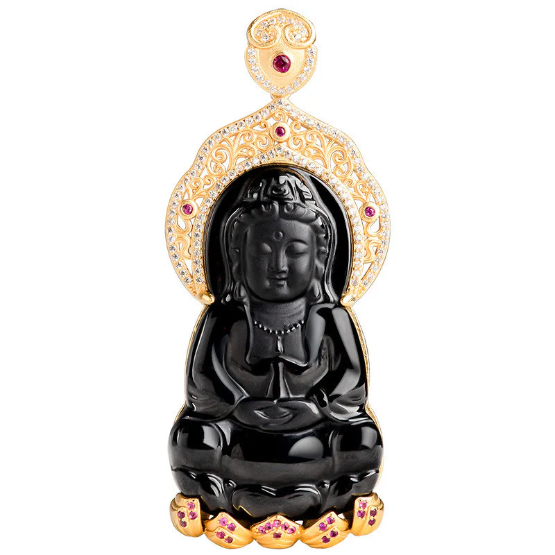 Collana con ciondolo in acciaio al titanio Buddha Stones in giada nera naturale Kwan Yin Avalokitesvara Wealth - Image 4