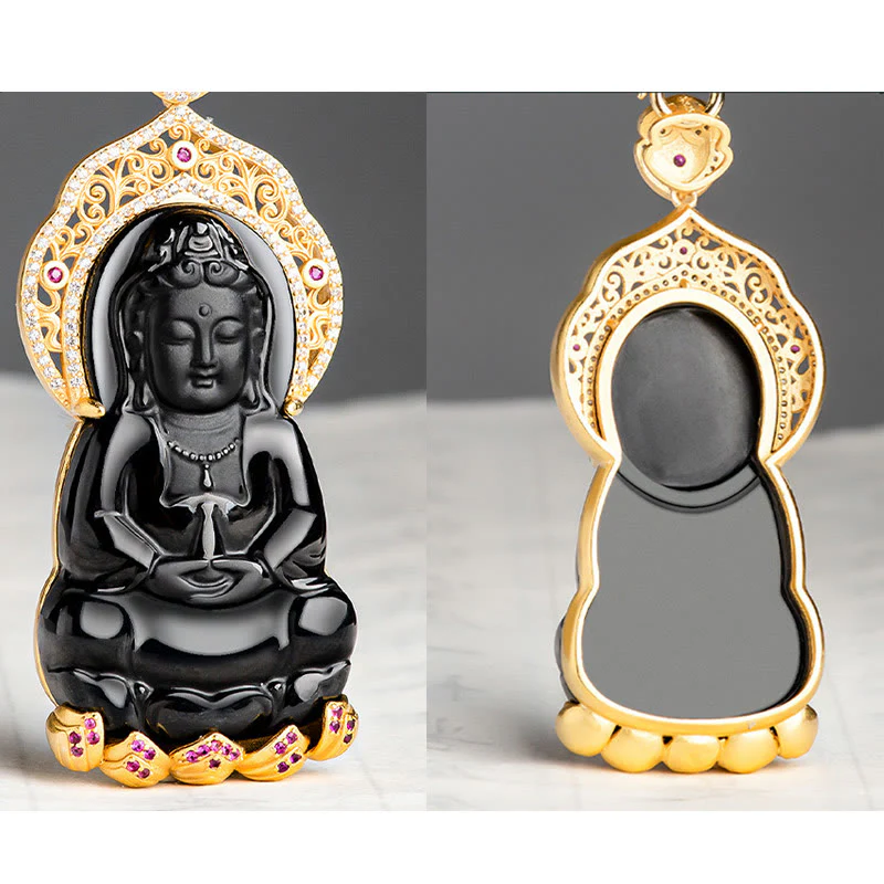 Collana con ciondolo in acciaio al titanio Buddha Stones in giada nera naturale Kwan Yin Avalokitesvara Wealth - Image 5
