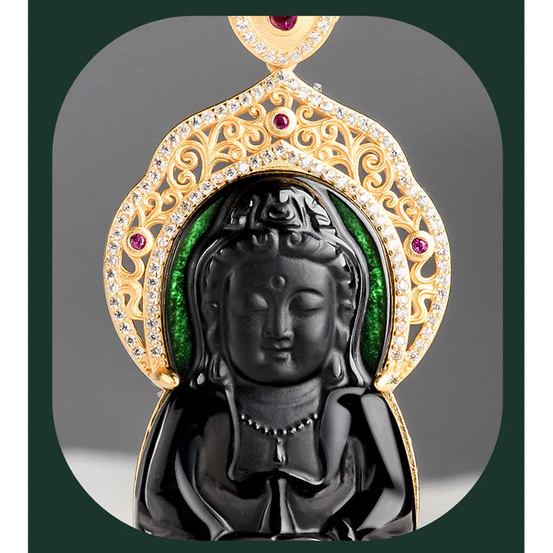 Collana con ciondolo in acciaio al titanio Buddha Stones in giada nera naturale Kwan Yin Avalokitesvara Wealth - Image 6
