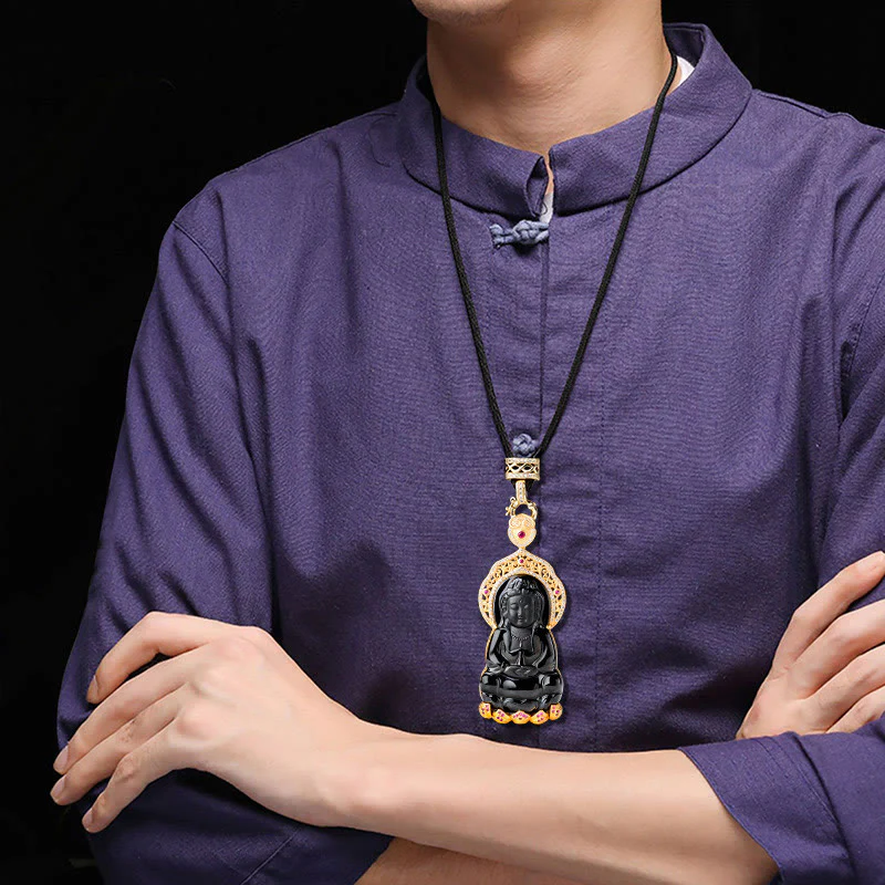 Collana con ciondolo in acciaio al titanio Buddha Stones in giada nera naturale Kwan Yin Avalokitesvara Wealth - Image 9