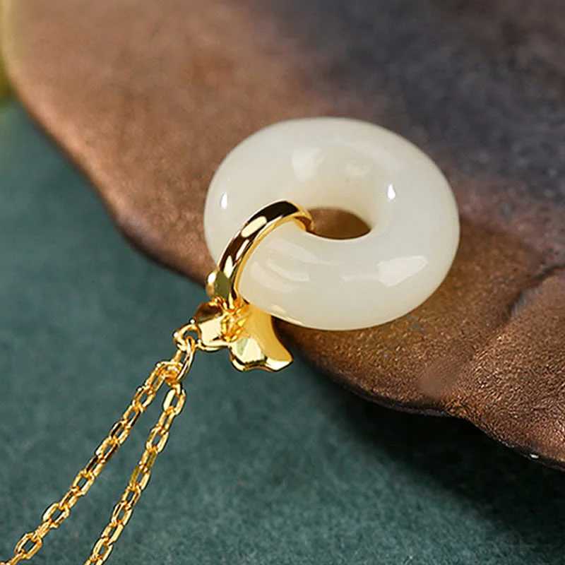 Buddha Stones 925 Sterling Silver Natural Hetian Jade Ginkgo Leaf Peace Buckle Luck Necklace Pendant - Image 4