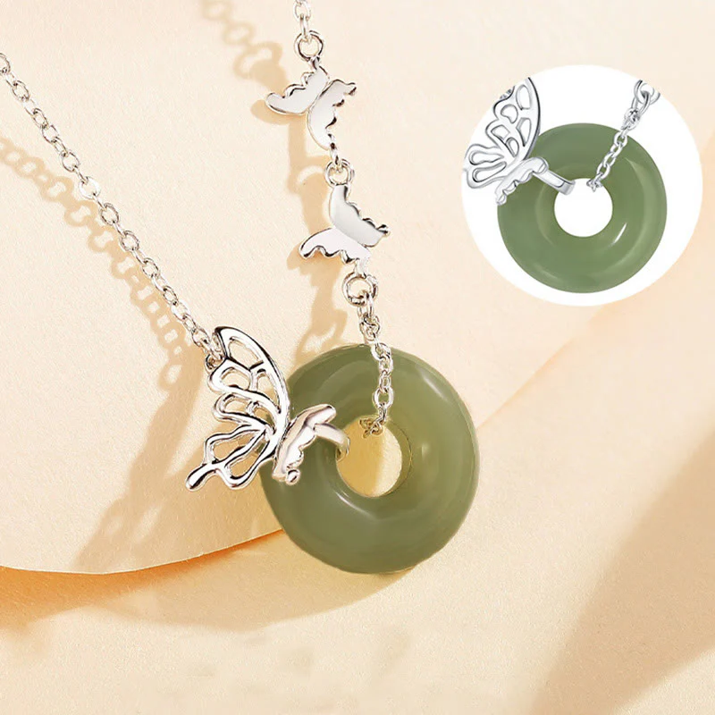 Buddha Stones 925 Sterling Silver Natural Hetian Jade Peace Buckle Butterfly Luck Prosperity Bracciale Collana Pendente - Image 4
