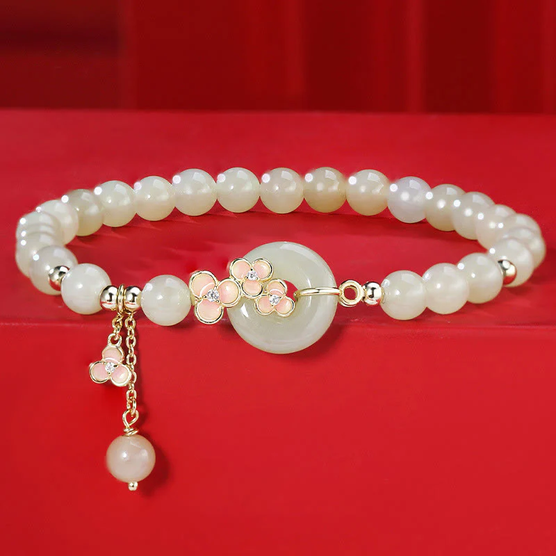 Buddha Stones 925 Sterling Silver Natural Hetian Jade Peach Blossom Peace Buckle Zircone Luck Bracciale Collana Pendente