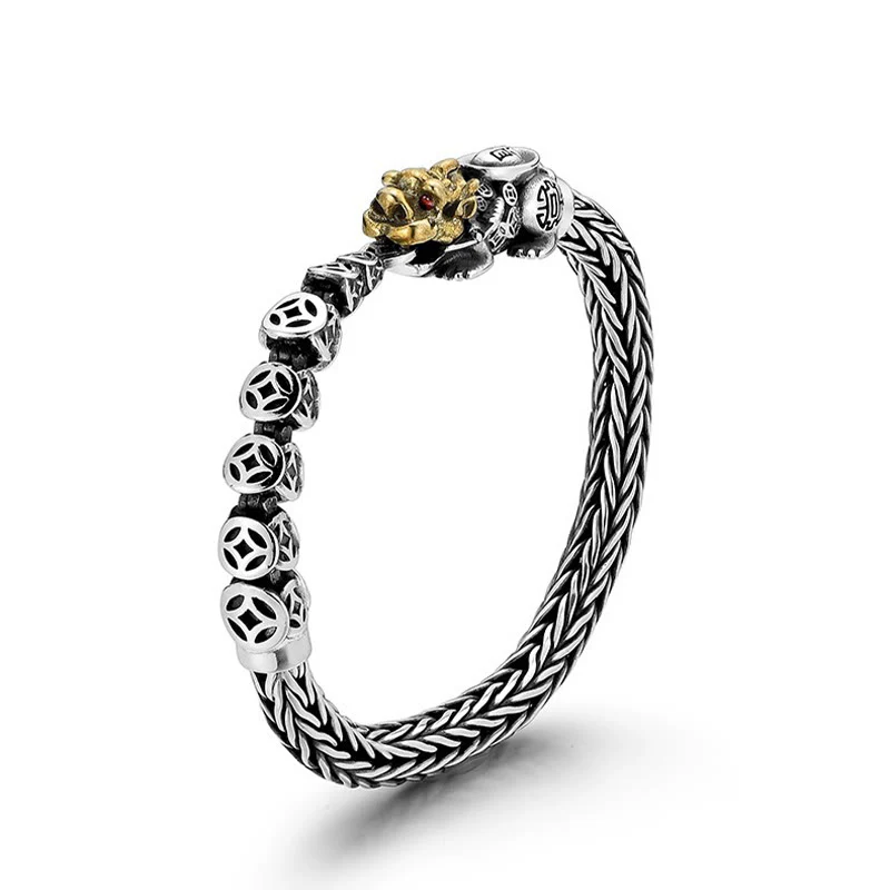 Buddha Stones 925 Sterling Silver PiXiu Monete di rame Lingotto Ricchezza Bracciale Bangle - Image 2