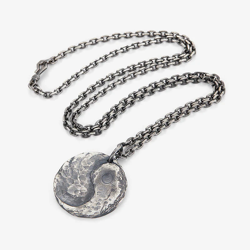 Buddha Stones 990 Sterling Silver Yin Yang Hammer Texture Collana con ciondolo Armonia - Image 10