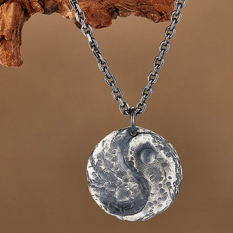 Buddha Stones 990 Sterling Silver Yin Yang Hammer Texture Collana con ciondolo Armonia - Image 2