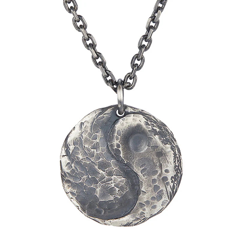 Buddha Stones 990 Sterling Silver Yin Yang Hammer Texture Collana con ciondolo Armonia - Image 3