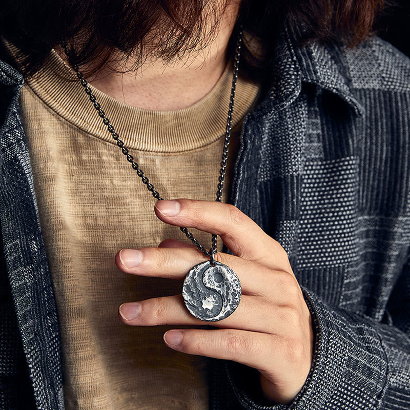 Buddha Stones 990 Sterling Silver Yin Yang Hammer Texture Collana con ciondolo Armonia - Image 5