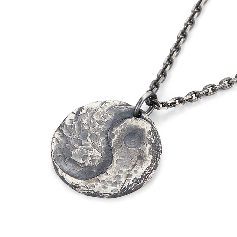 Buddha Stones 990 Sterling Silver Yin Yang Hammer Texture Collana con ciondolo Armonia - Image 7