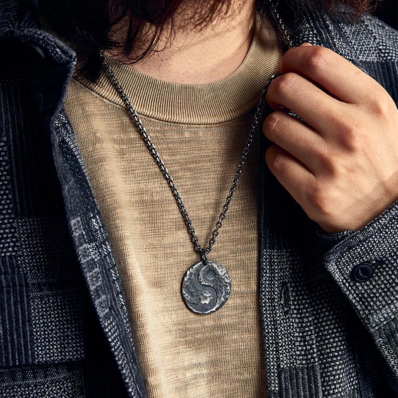 Buddha Stones 990 Sterling Silver Yin Yang Hammer Texture Collana con ciondolo Armonia - Image 9