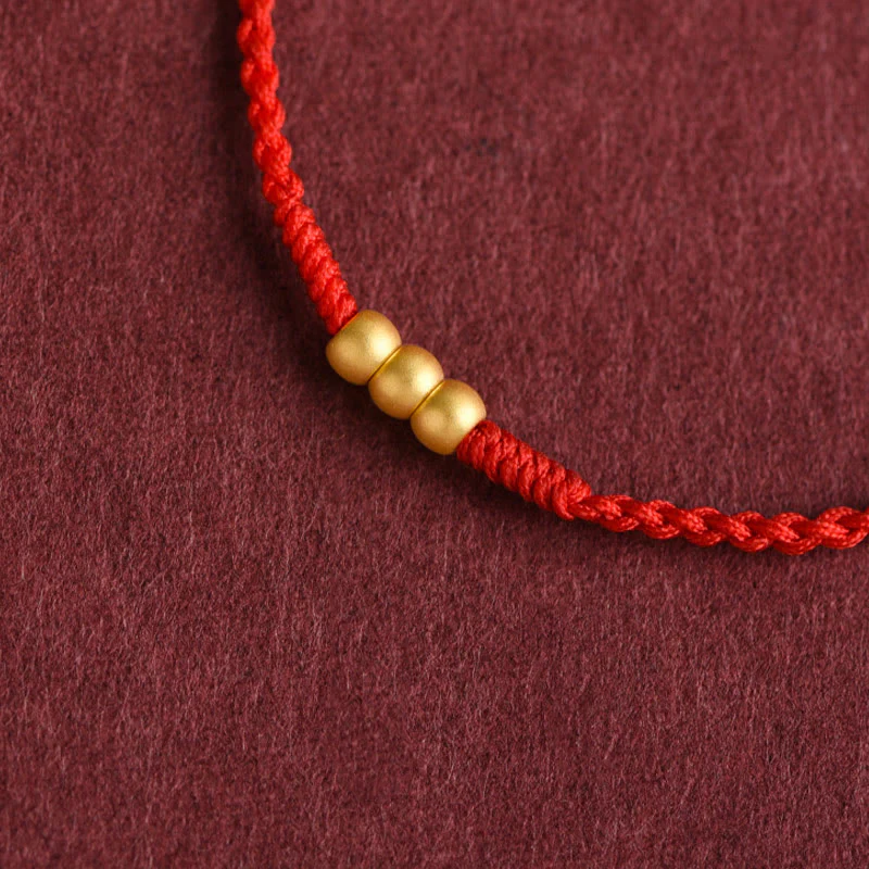 Buddha Stones 999 Oro Mini Tre Perline Design Fatto a Mano Corda della Fortuna Bracciale Cavigliera - Image 2