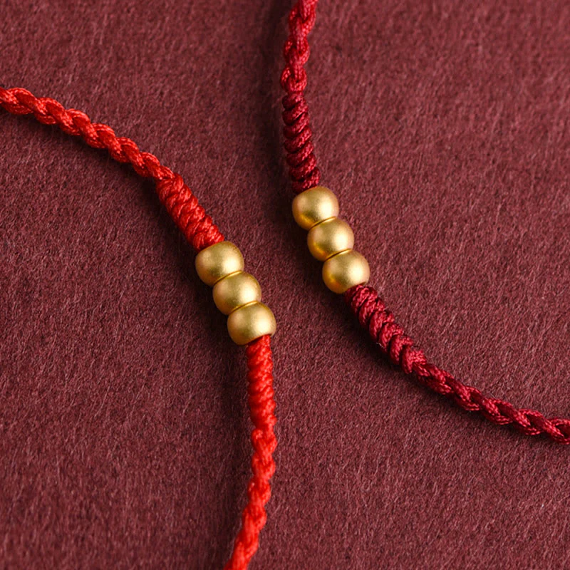 Buddha Stones 999 Oro Mini Tre Perline Design Fatto a Mano Corda della Fortuna Bracciale Cavigliera - Image 5