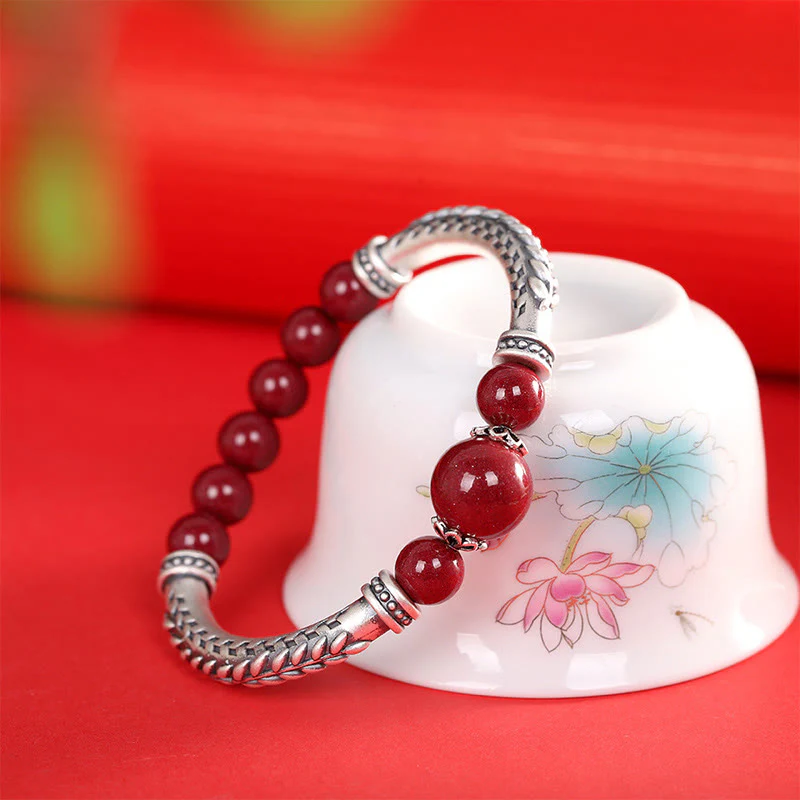 Buddha Stones 999 Sterling Silver Cinnabar Wheat Spighe Benedizione Bracciale Bangle - Image 10