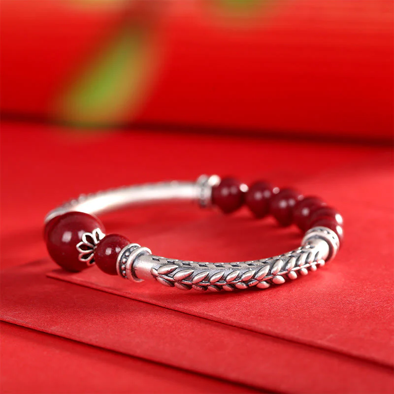 Buddha Stones 999 Sterling Silver Cinnabar Wheat Spighe Benedizione Bracciale Bangle - Image 11