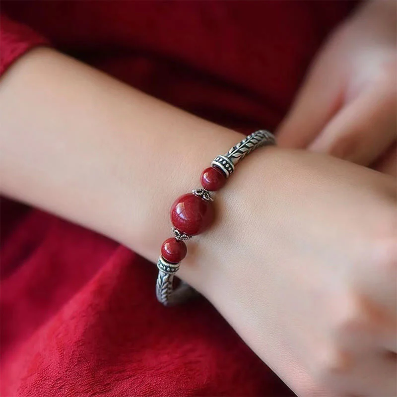 Buddha Stones 999 Sterling Silver Cinnabar Wheat Spighe Benedizione Bracciale Bangle - Image 12
