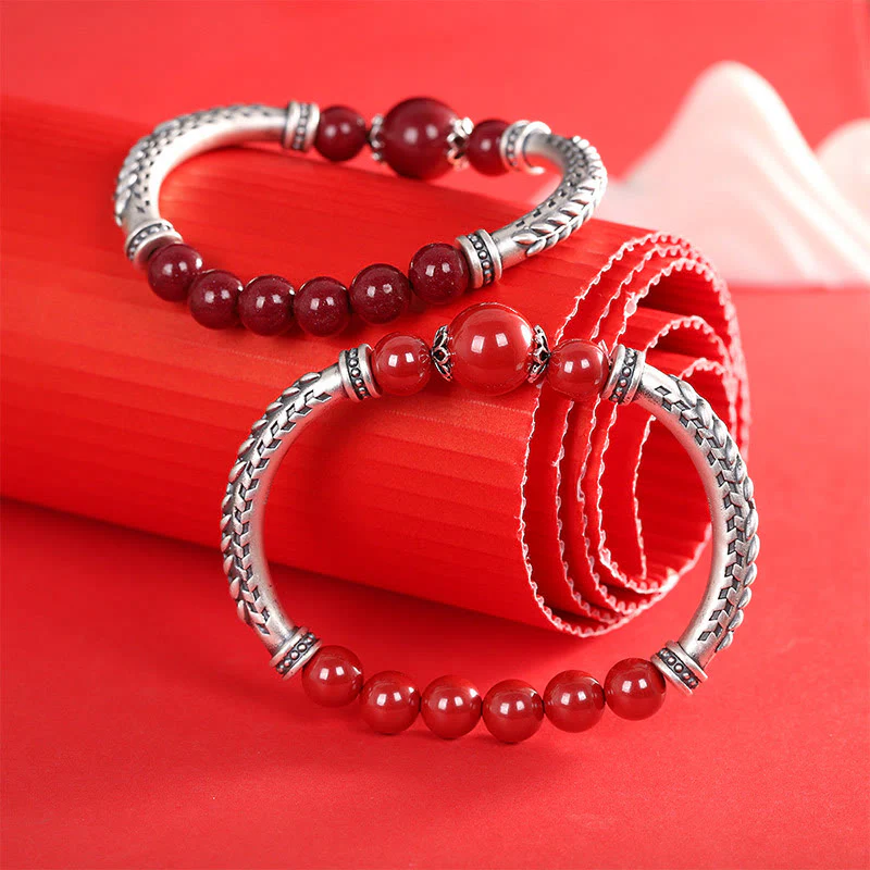 Buddha Stones 999 Sterling Silver Cinnabar Wheat Spighe Benedizione Bracciale Bangle - Image 14