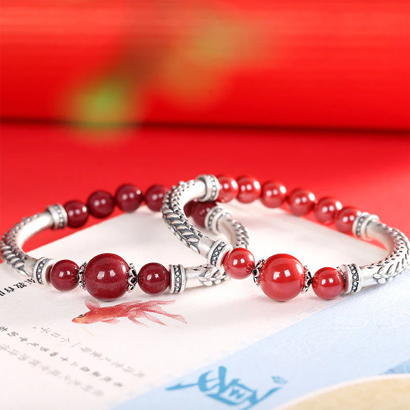 Buddha Stones 999 Sterling Silver Cinnabar Wheat Spighe Benedizione Bracciale Bangle - Image 15