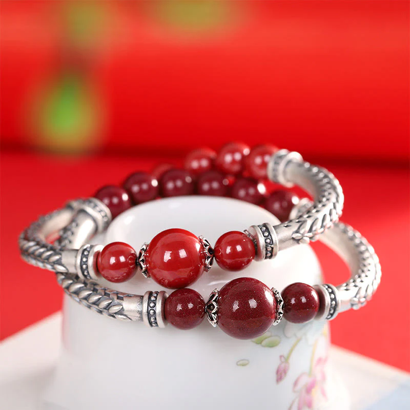 Buddha Stones 999 Sterling Silver Cinnabar Wheat Spighe Benedizione Bracciale Bangle - Image 2