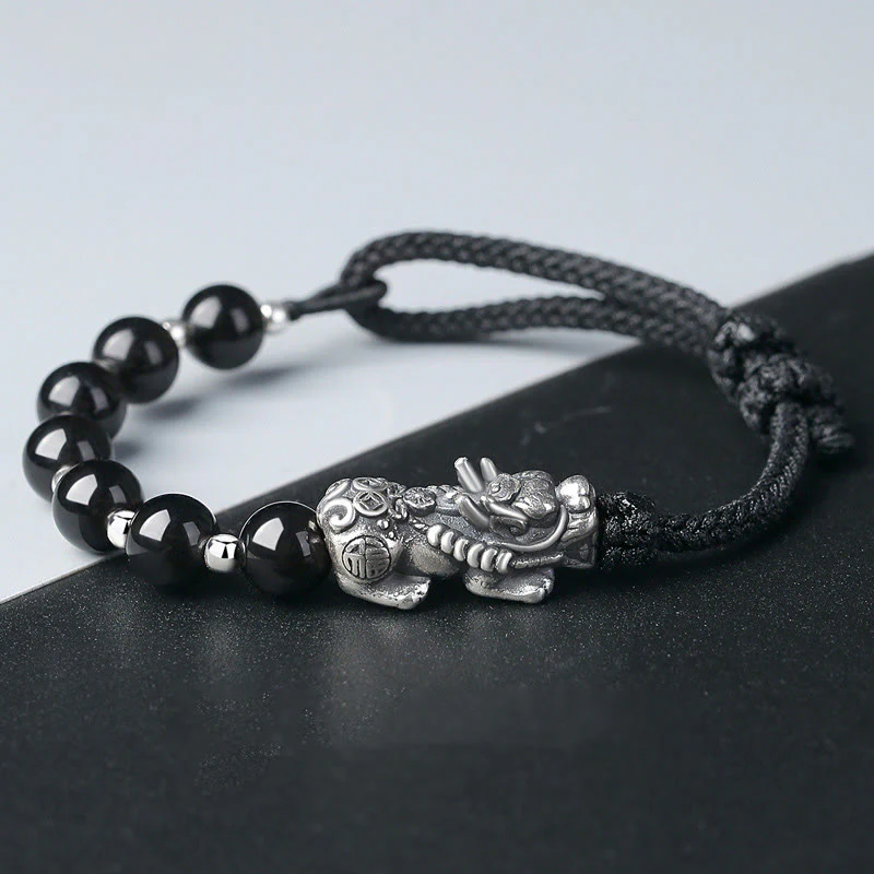 Buddha Stones 999 Sterling Silver FengShui PiXiu Ossidiana nera naturale 925 Sterling Silver Bead Strength Bracciale
