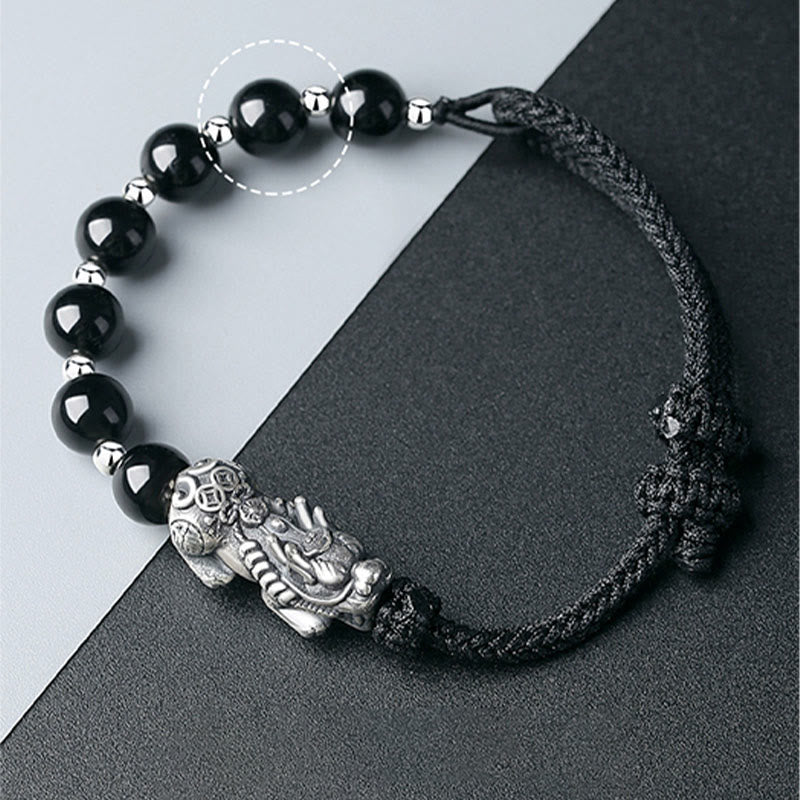 Buddha Stones 999 Sterling Silver FengShui PiXiu Ossidiana nera naturale 925 Sterling Silver Bead Strength Bracciale - Image 10