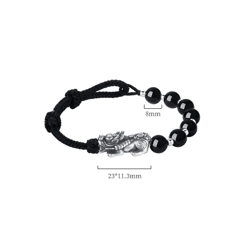 Buddha Stones 999 Sterling Silver FengShui PiXiu Ossidiana nera naturale 925 Sterling Silver Bead Strength Bracciale - Image 11