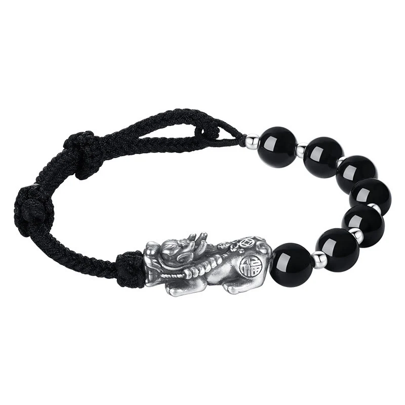 Buddha Stones 999 Sterling Silver FengShui PiXiu Ossidiana nera naturale 925 Sterling Silver Bead Strength Bracciale - Image 12