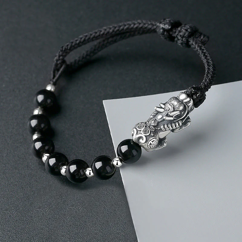 Buddha Stones 999 Sterling Silver FengShui PiXiu Ossidiana nera naturale 925 Sterling Silver Bead Strength Bracciale - Image 2