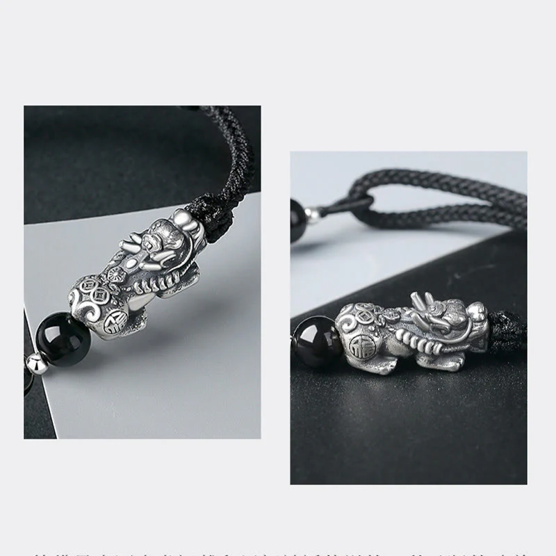 Buddha Stones 999 Sterling Silver FengShui PiXiu Ossidiana nera naturale 925 Sterling Silver Bead Strength Bracciale - Image 6