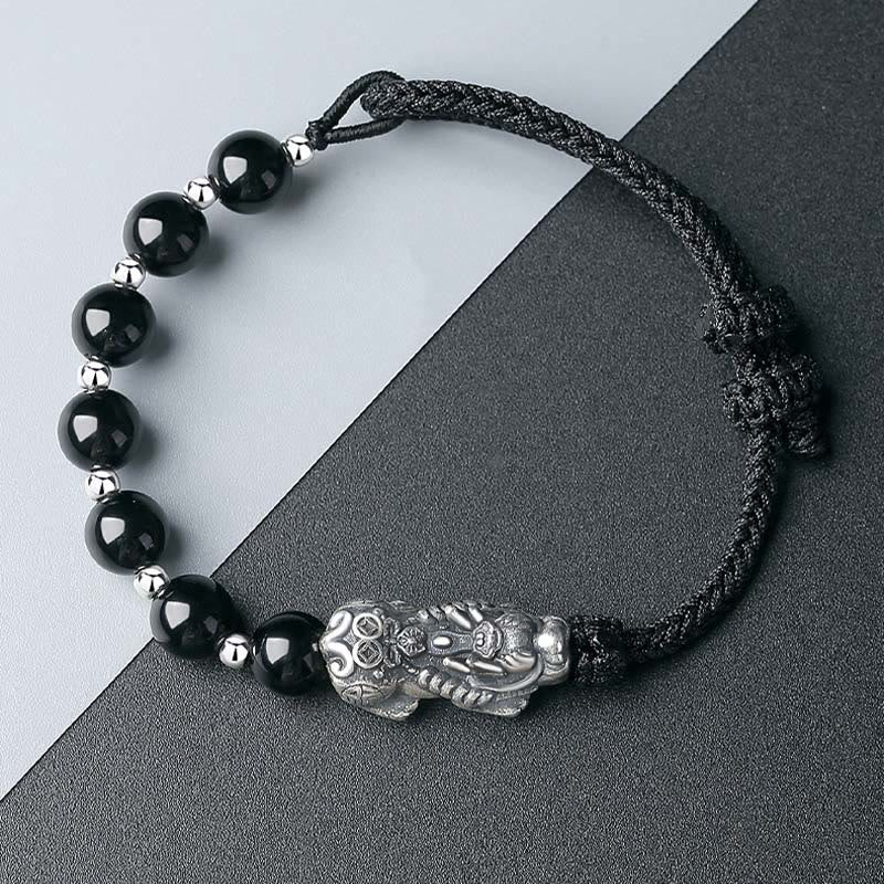 Buddha Stones 999 Sterling Silver FengShui PiXiu Ossidiana nera naturale 925 Sterling Silver Bead Strength Bracciale - Image 9