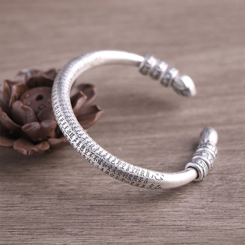 Buddha Stones 999 Sterling Silver Heart Sutra Om Mani Padme Hum Inciso Peace Purezza Bracciale Bangle