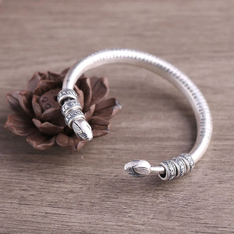 Buddha Stones 999 Sterling Silver Heart Sutra Om Mani Padme Hum Inciso Peace Purezza Bracciale Bangle - Image 2