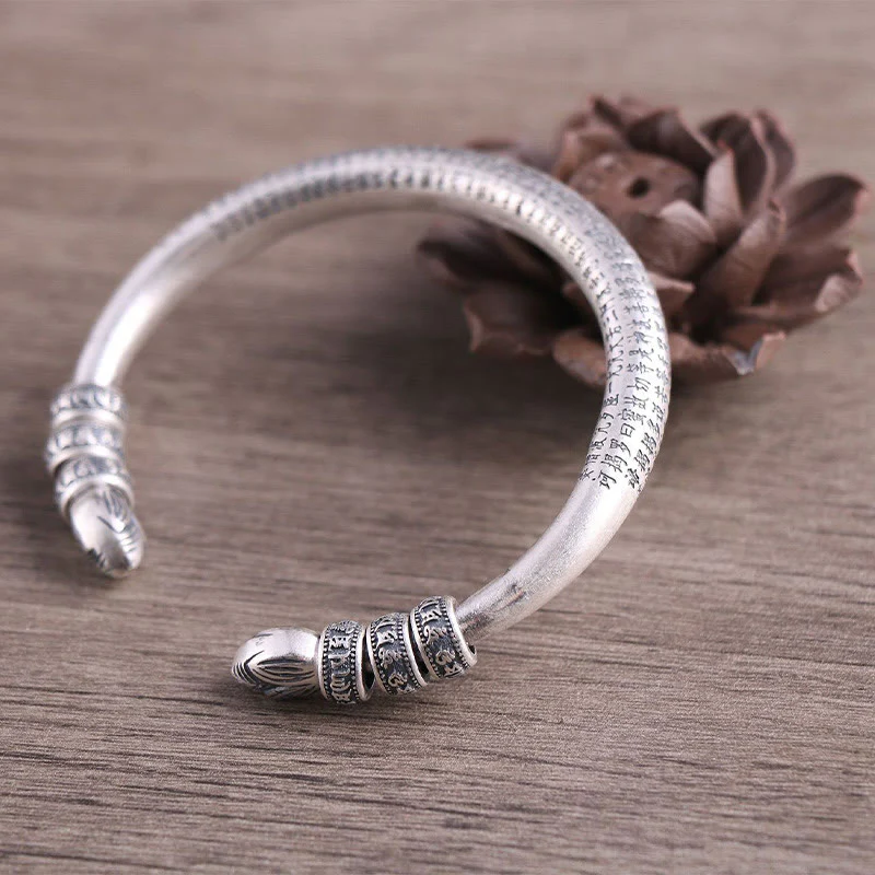 Buddha Stones 999 Sterling Silver Heart Sutra Om Mani Padme Hum Inciso Peace Purezza Bracciale Bangle - Image 3