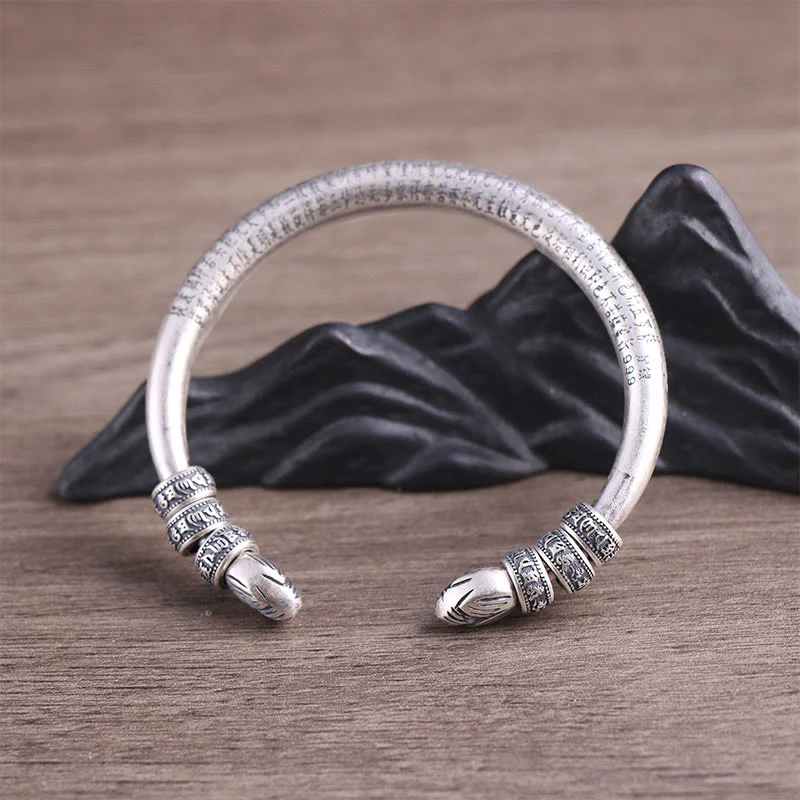 Buddha Stones 999 Sterling Silver Heart Sutra Om Mani Padme Hum Inciso Peace Purezza Bracciale Bangle - Image 6