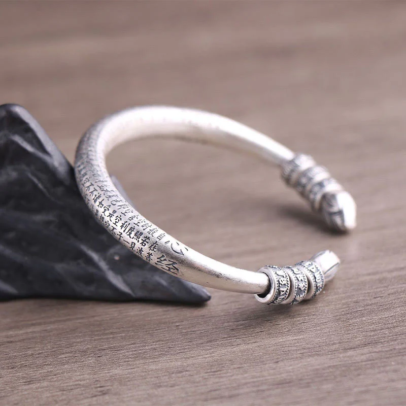 Buddha Stones 999 Sterling Silver Heart Sutra Om Mani Padme Hum Inciso Peace Purezza Bracciale Bangle - Image 8