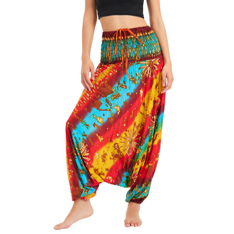 Buddha Stones a balze larghe e colorate sfumate, pantaloni a vita alta, pantaloni da tuta, pantaloni da donna