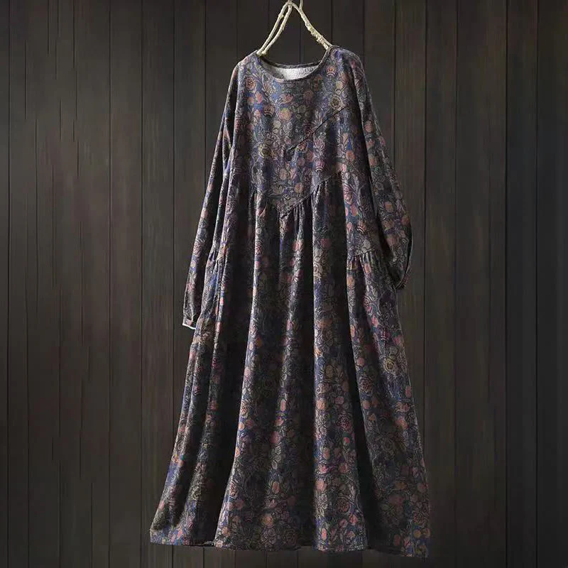 Buddha Stones Abito lungo da donna in cotone con maniche lunghe, modello a trapezio, motivo floreale retrò - Image 12