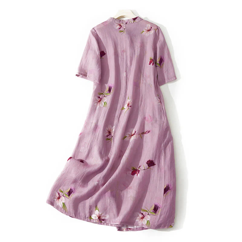 Buddha Stones Abito midi a maniche corte con colletto rialzato e tasche, motivo floreale Summer Orchid - Image 2
